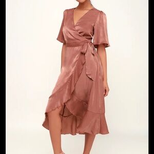 Lulu's Satin Rose Wrap Midi Dress